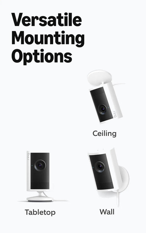 Wireless Indoor Security Camera With Retinal 2K Video And 6X Optical Zoom mounted on tabletop, wall, and ceiling options.
