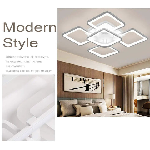 Sleek Two Layer Square LED Ceiling Light Flush Mount White Modern Minimalist Chandelier For Living Room And Bedroom 75W Cool White 5000K With Five Square Shades For Bright Even Illumination installed in a modern bedroom.