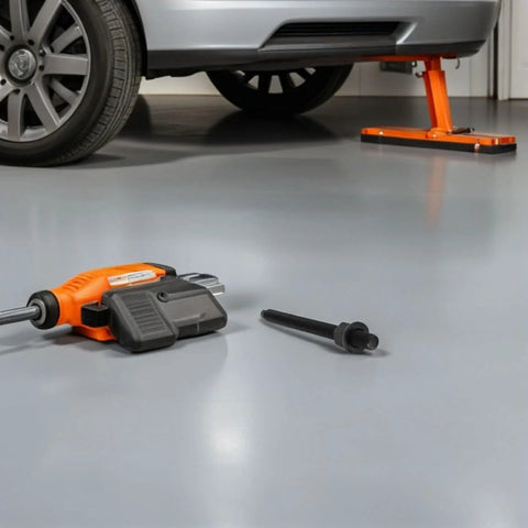 Heavy Duty Crankshaft Pulley Tool Kit for Automotive Engine Repair with tools on garage floor next to lifted vehicle