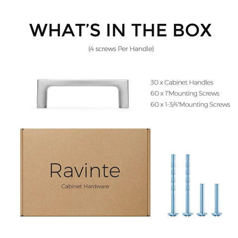30 Pack Solid 3 Inch Square Cabinet Handles In Brushed Nickel with screws and packaging box displayed, easy install hardware pulls.