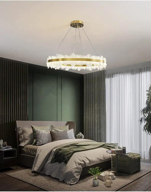 Modern LED Dimmable Pendant Lights With Brushed Gold Ring And Cut Crystal Glass For Dining Area Easy Setup Smooth Touch Control Top Tier Glow Sharp Style Indoor Hanging Fixture in bedroom.