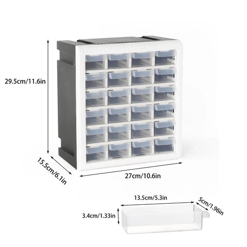Front view of 24 Drawer Plastic Parts Cabinet Organizer for Tools and Hardware, Stackable Wall Mount Storage Box with measurements.