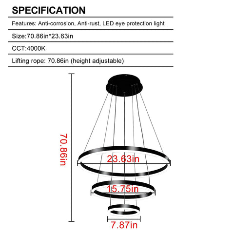 Specification diagram showing dimensions of the Slick Black Circular LED Pendant Light With Adjustable Height, Modern Chandelier.