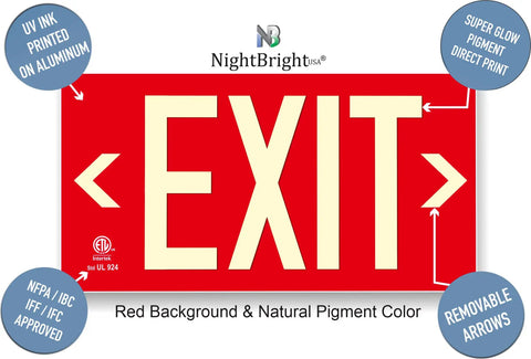 Frameless Red Photoluminescent Exit Sign With Removable Arrows No Wiring Required UL 924 Listed NFPA 101 IBC Compliant Aluminum