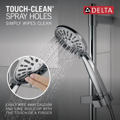 Solid Chrome Handheld Shower Head With Slide Bar Kit Featuring Intense Full Body Spray Four Massage Water Modes Detachable Hose with touch-clean spray holes.