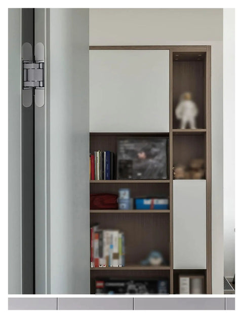 Heavy Duty Adjustable Hidden Cross Hinge Set For Zero Hang Ups 180 Degree Dead Silent Glide on wooden secret doors with a sleek design.