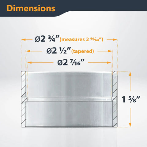 Diagram showing dimensions of a 2-1/2 Inch Clear Pipe Coupling for Dust Collection System Snug Fit and Easy-View Connection.