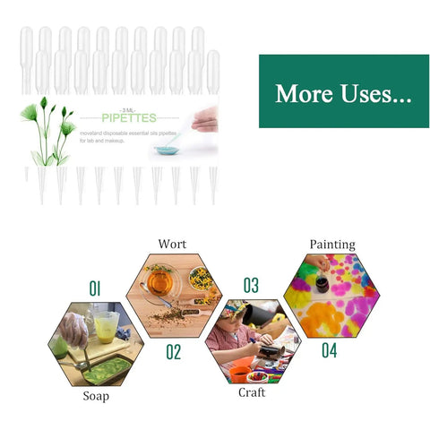 200 Count 3ml Disposable Plastic Transfer Pipettes for Oil Lab and Art Projects Soft Flexible Easy To Use Drip For Precise Mixing Watercolors Science Experiments Craft Work, 3ml clear plastic pipettes