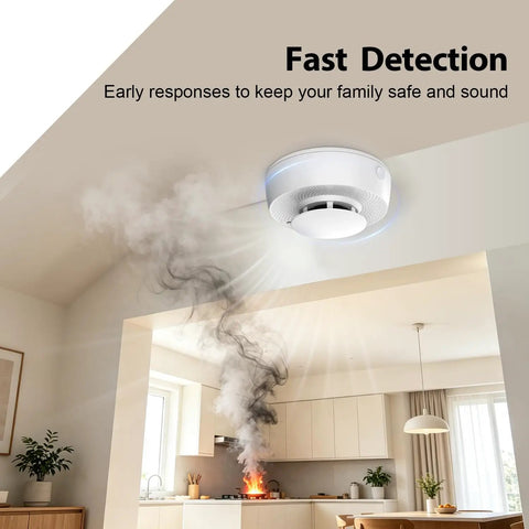 10 Pack Photoelectric Smoke Alarms With Rock Solid Ten Year Battery Life In Crisp White Finish monitoring smoke in kitchen fire.