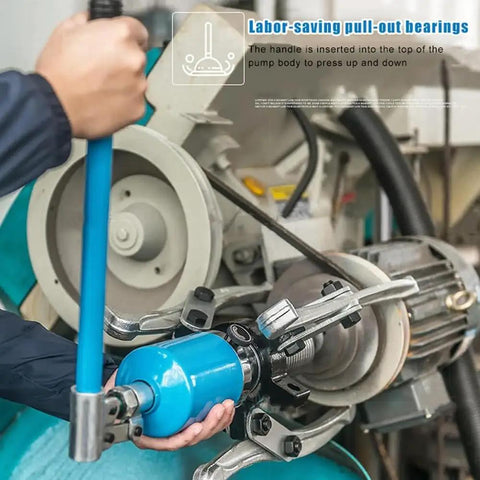 Straight Shooting Hydraulic Gear Puller With High Strength Alloy Steel Jaws, handle inserted in pump to lift bearings.