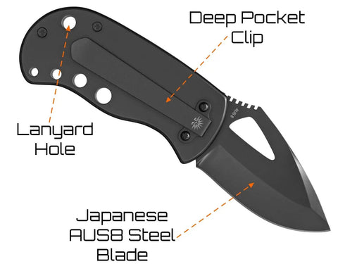 Slick Blackout Pocket Tank Folding Utility Knife Built Tough For Daily Grind Featuring Razor Sharp Japanese AUS8 Steel Blade with Deep Pocket Clip.