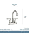 Brecklyn Spot Resist Brushed Nickel Two-Handle Centerset Lavatory Faucet for 3-hole Bathroom Sink, 4-inch design displayed.