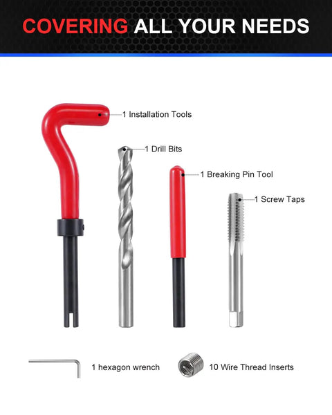 M10x1.25 Helicoil Thread Repair Kit with HSS Drill Bit Tap and Stainless Inserts tools shown, including drill, tap, inserts, and more