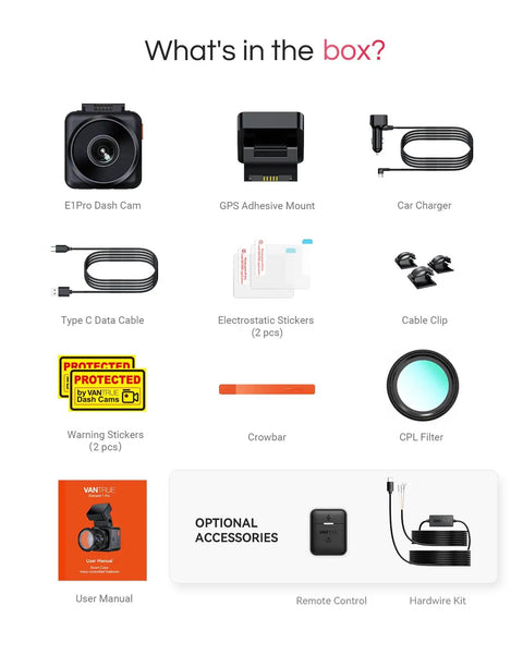 What's included with 4K Mini Dash Cam: dash cam, GPS mount, car charger, cables, stickers, CPL filter, manual, optional accessories.