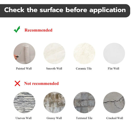 Surface guide for Holographic Emerald Art Deco Peel And Stick Backsplash Tiles showing recommended and not recommended surfaces.