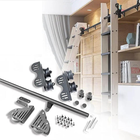 Rolling Ladder Hardware Kit With Floor Roller Track 100cm Adjustable Sliding Ladder System For Home Library Garage Or Warehouse Use Heavy Duty Wrought Iron Round Tube Track For Easy Access To Bookshelves, shown with black track and hardware components.