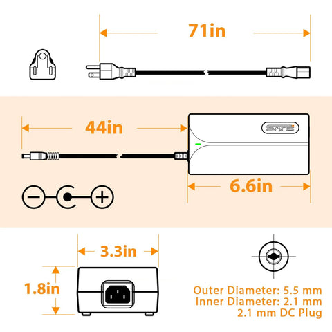 Dimensions and details of 54.6V 2A eBike Battery Charger With 120V AC Input 5.5mm 2.1mm DC Plug, showing measurements and plug type.