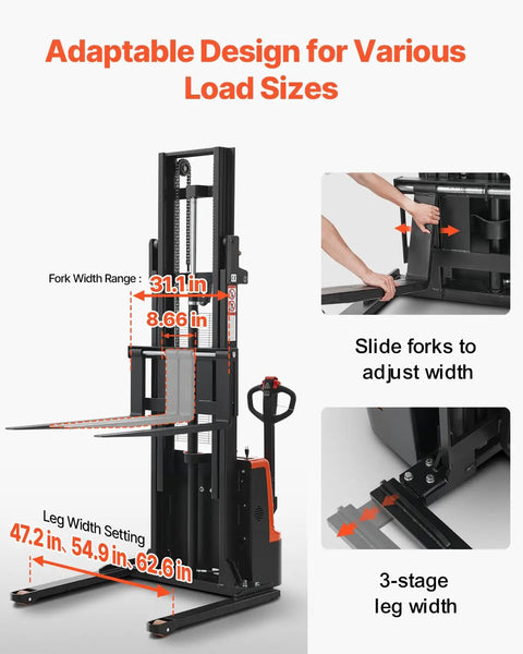 Adjustable fork width and leg settings for VEVOR Full Electric Pallet Stacker Forklift Hauling 3,300 Lbs With A Mighty 98.4 Inch Lift Height For Warehouses.