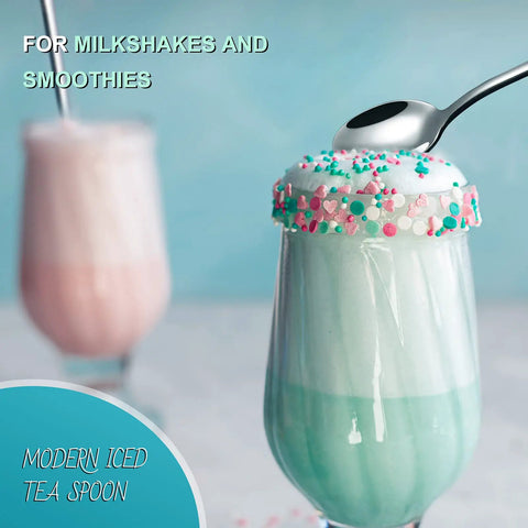 8 Piece 9 Inch Long Handle Stainless Steel Iced Tea Spoons Set for milkshakes in tall glass with sprinkles