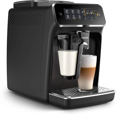 Fully Automatic Espresso Machine With Killer LatteGo Milk Frother And True One Touch Cappuccino Setup For Straight Up Home Coffee Perfection In Sleek Black Certified Refurbished. Close-up view of brewing milk for lattes.