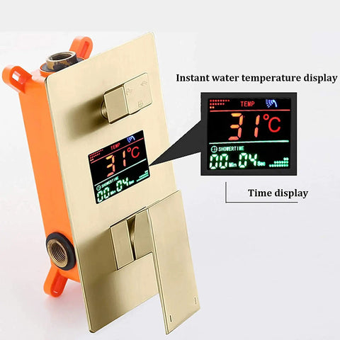 Top Shelf Wall Mounted Rain Shower System With A Water Powered Digital Display featuring a gold mixing valve and temperature readout.