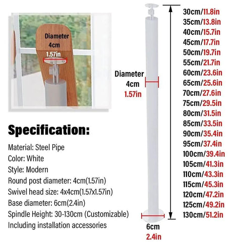 Heavy Duty White Stair Railing Posts And Spindles, 25 Pack Of 47 Inch Stainless Steel Balusters With Adjustable Brackets, showing specifications and dimensions.