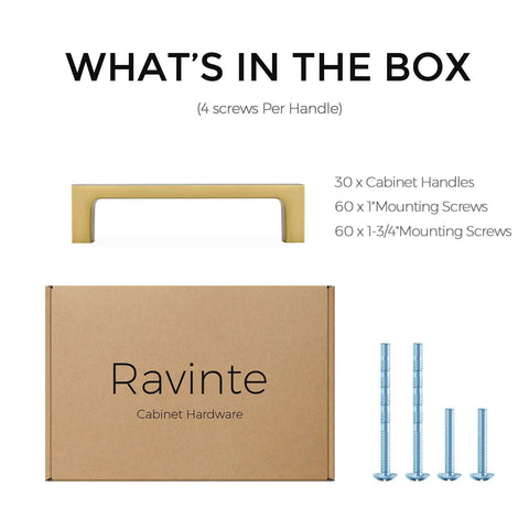 30 Pack Solid 3-3/4 Inch Square Kitchen Cabinet Handles Brushed Brass Drawer Pulls box with screws and handle