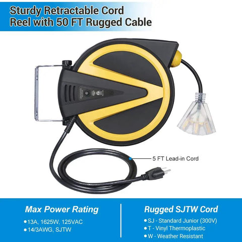Retractable Cord Reel With Slow Auto Return Heavy Duty 50 Foot 14 3 SJTW Cord Lighted Triple Tap Outlets 13 Amp Circuit Breaker