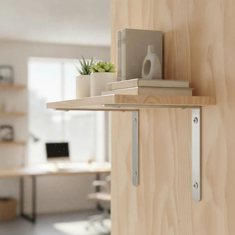 Heavy Duty Stainless Steel L Bracket Corner Brace For Floating Shelves And Furniture Reinforcement, 90 Degree Locking, 5.9 By 3.9 Inch, One Pack, Keeps Cabinets And Bookshelves Rock Solid, No Wobble, Sleek Silver Finish supporting wooden shelf with books