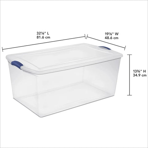 Extra Large Clear Storage Bin with Lid Stackable Plastic Tote measuring 32.125" L x 19.125" W x 13.75" H for home organization.