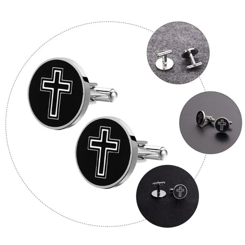 Black Titanium Steel Cross Pattern Cufflinks For Men, Dress Shirt Fasteners For Weddings And Business Formal Events, Durable Polished Cufflinks, Modern Fashion Accessory For Gents