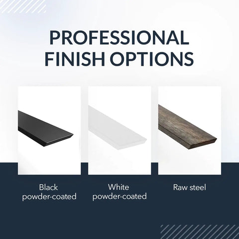 Rock Solid Front Mount L Bracket Heavy Duty Steel Countertop Support Low Profile Cabinet Overhang Hardware 12 Inch Deep By 10 Inch High finish options showing black, white powder-coated and raw steel.