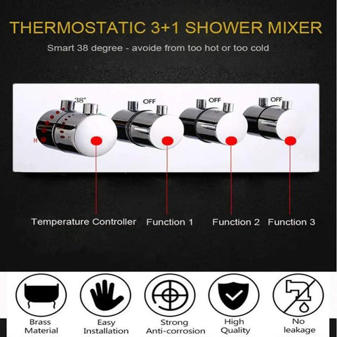 Premium Rock Solid Thermostatic Shower System With Extra Wide Ceiling Rain Head And Corrosion Resistant Brass Mixing Valve For Zero Hassle Bathroom Upgrades, brass 3-in-1 shower mixer controls.