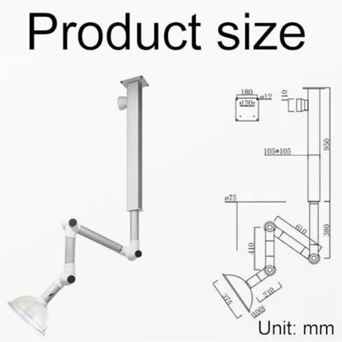 360 Degree Rotating Fume Extraction Hood For Labs And Factories size diagram with adjustable arms.