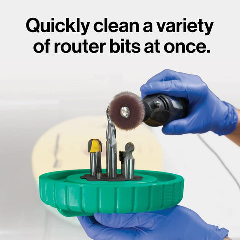 Close-up of BladeClean Saw Blade And Router Bit Cleaning Kit System With CPR Disc Set, showing router bits and cleaning tool.