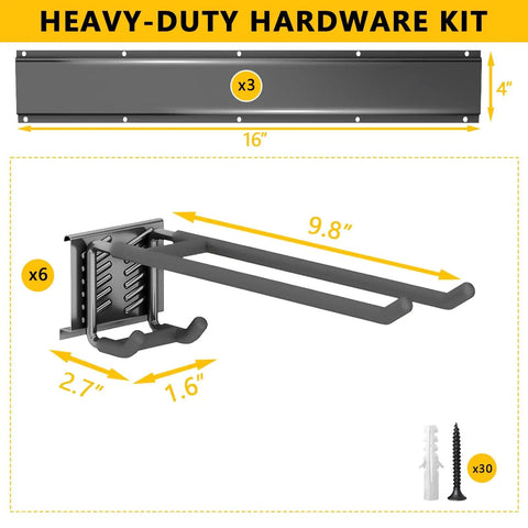 Heavy Duty Garage Tool Organizer Wall Mount 48 Inch Storage Rack With 6 Adjustable Double Hooks shown uninstalled with hardware kit