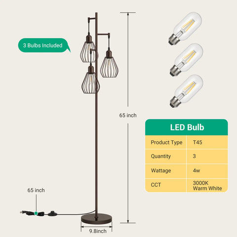 Industrial Tree Floor Lamp With Three Teardrop Cage Heads And 3000K Edison Bulbs, Rustic Farmhouse Tall Standing Lamp with LED details