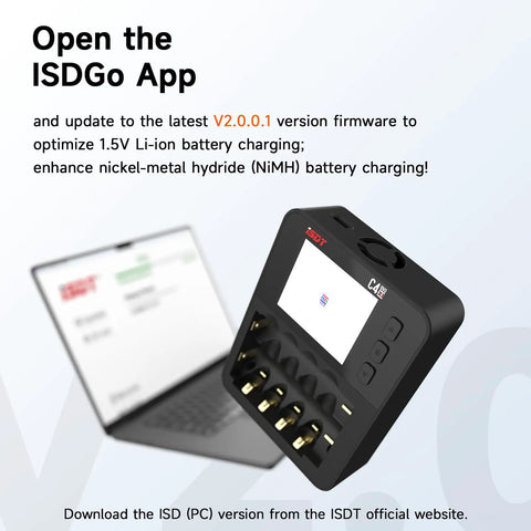 Six Slot Smart Battery Charger And Analyzer with LCD Display next to a laptop showing the ISDG app for firmware updates