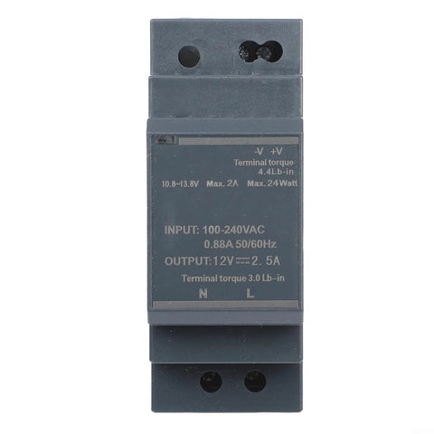Rail Mounted 12V DC Switching Power Supply For Industrial Automation And Instruments With Rock Solid Ripple Free Output And Five Safety Protections Against Short Circuit Overcurrent Overload Overvoltage And Overheat Plus Efficient Heat Dissipation, front view
