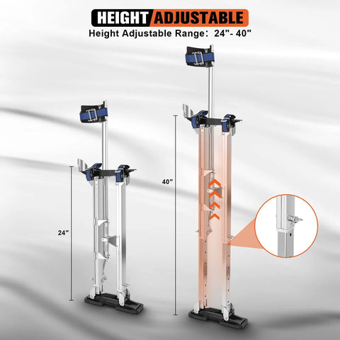 Adjustable Aluminum Drywall Stilts For Adults From 24 To 40 Inches with height range chart on a light background