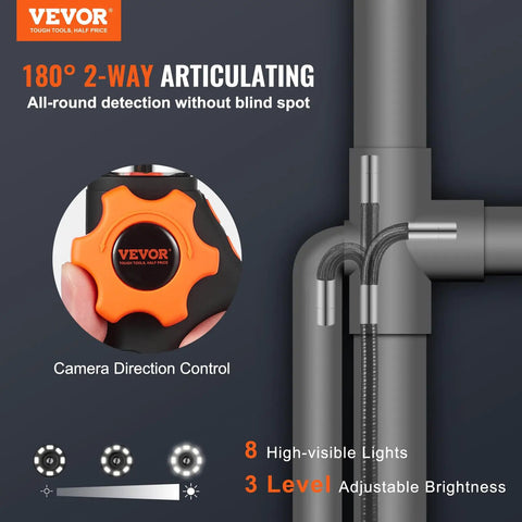 Two Way 180 Degree Articulating Borescope Camera With Light, 6.4mm Tiny Lens, 5 Inch IPS 1080P HD Screen, 8X Zoom, 8 LED Illumination, Snake Endoscope For Automotive And Plumbing Inspections, orange control knob