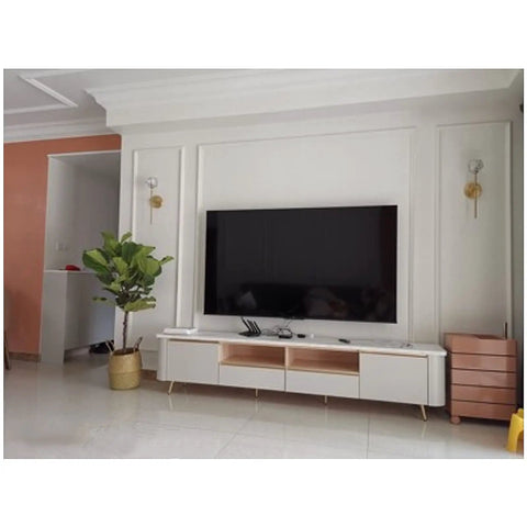 Living room with TV cabinet; potential fit for Premium Pure Copper Coffee Table Legs Set With Adjustable Gold Oblique Cone Feet