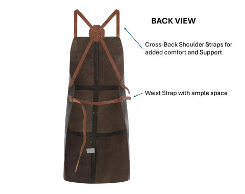 Back view of Genuine Leather Work Apron With CrossBack Straps For Woodworking Carpentry BBQ And Barista Tasks 3 Spacious Pockets