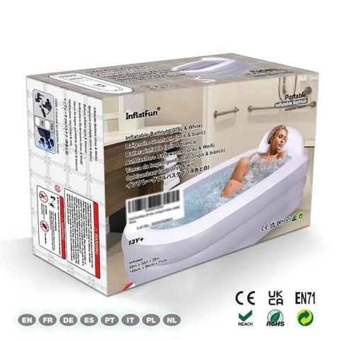 Packaging of Inflatable Bathtub For Adults 65 By 34 By 28 Inches Foldable Portable Bath Tub With Backrest in Gray White, box.