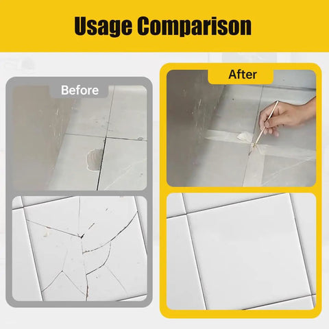 Fast Drying Tile Repair Glue Kit For Cracks And Chips On Tile Stone Porcelain Countertops And Bathtubs DIY Friendly With 8 Pigment Blend To Match Surfaces Strong Bond That Stands Up To Heavy Foot Traffic Complete 3 Piece Kit usage comparison before and after image on cracked tiles.