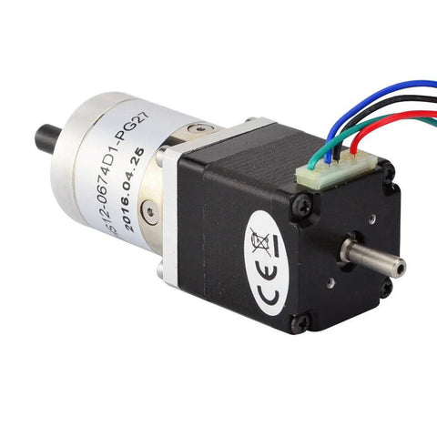 Side view: Geared NEMA 11 stepper motor with planetary gearbox, dual shaft, 27:1, black body, color wires.