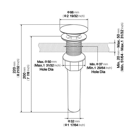 Hella Smooth Pop Up Drain Without Overflow For Bathroom Vessel Sink, detailed measurement specifications and design diagram.