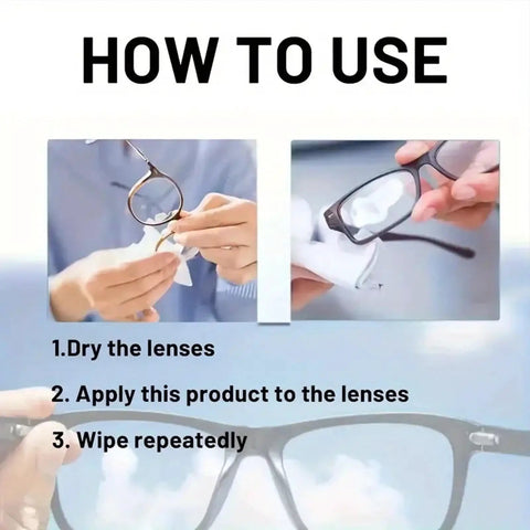 Instructional image showing steps to apply Lens Scratch Remover For Glasses And Eyewear 30g Multi Use Cleaner to eyeglasses.