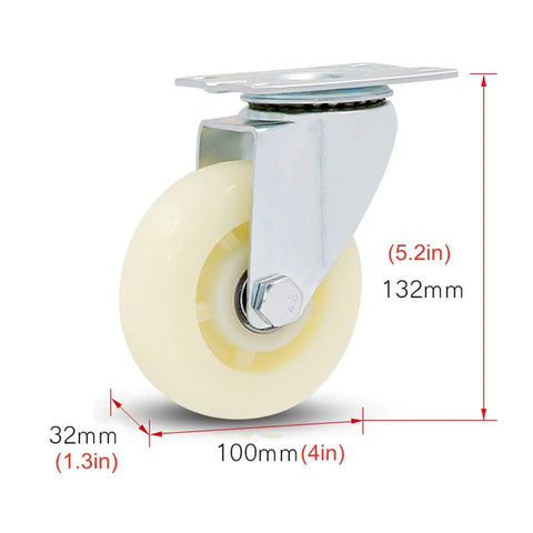 Pro Grade Heavy Duty Swivel Caster Wheels That Roll Hella Smooth For Couches Desks Cabinets And Rolling Carts 360 Silent Nylon Roller Steel Bracket Mount Pack Of Four, side view with size dimensions.