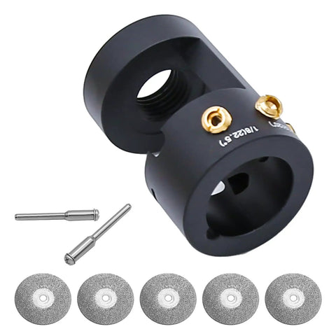Aluminum TIG Tungsten Electrode Sharpener With Cut Off Slot, shown with five diamond wheels and CNC mandrel